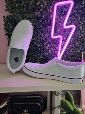 Vans Mint Green and White Canvas Slip-On Loafers